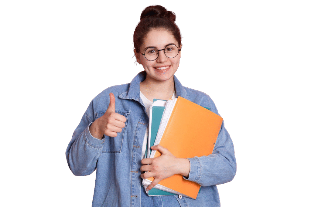 young-student-woman-wearing-denim-jacket-eyeglasses-holding-colorful-folders-showing-thumb-up-pink